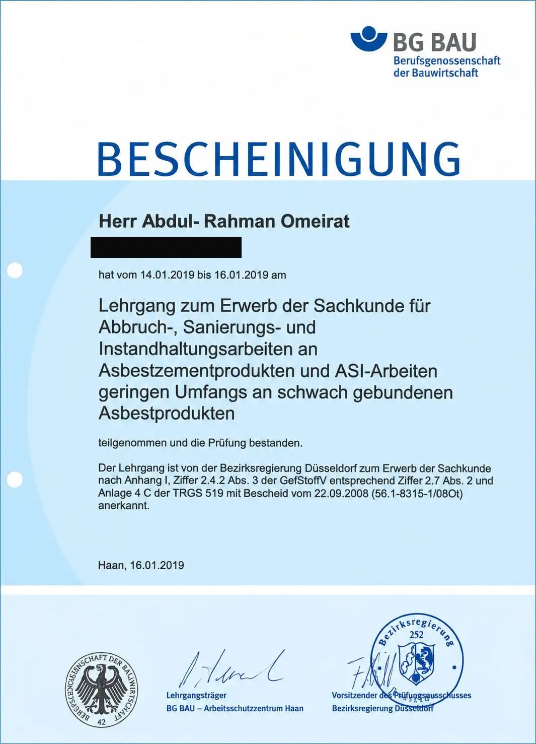 Sachkundenachweis Asbestzement und schwach gebundene Asbestprodukte (TRGS 519 Anlage 4 C) – BG BAU