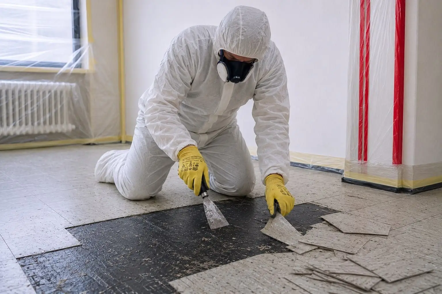 Fachkraft löst alte Floor-Flex-Platten mit schwarzem Kleber vom Boden