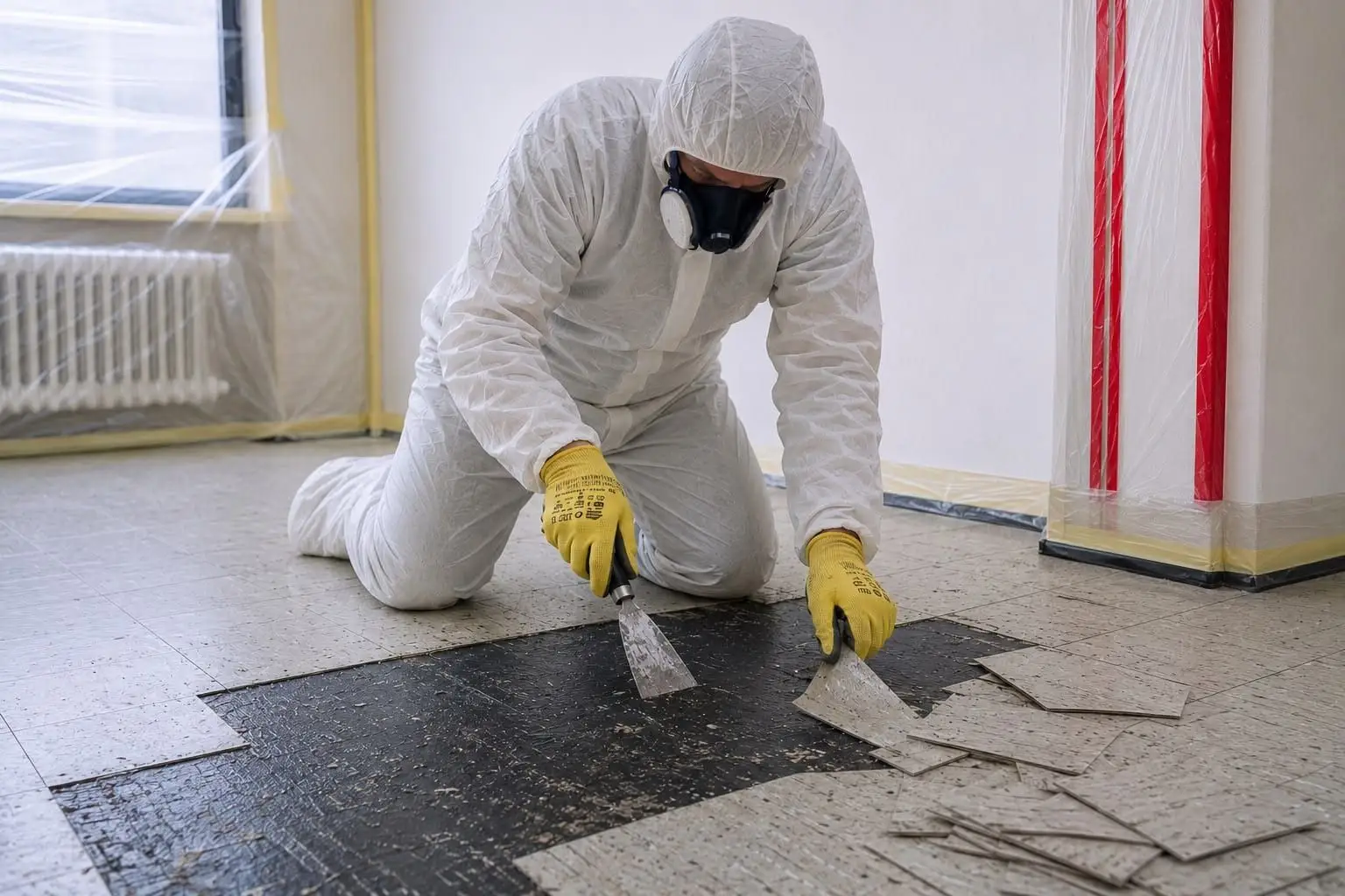 Fachkraft mit Atemschutz löst alte Floor-Flex-Platten vom Boden – darunter kommt der schwarze Kleber zum Vorschein, Bereich mit Warnband abgetrennt