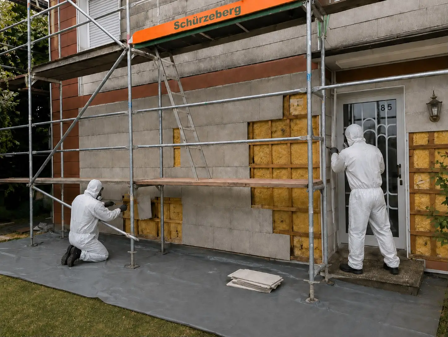 Fachkräfte im Schutzanzug demontieren asbestzementhaltige Fassadenplatten von einem eingerüsteten Wohnhaus; dahinter liegt die alte Mineralwoll-Dämmung frei
