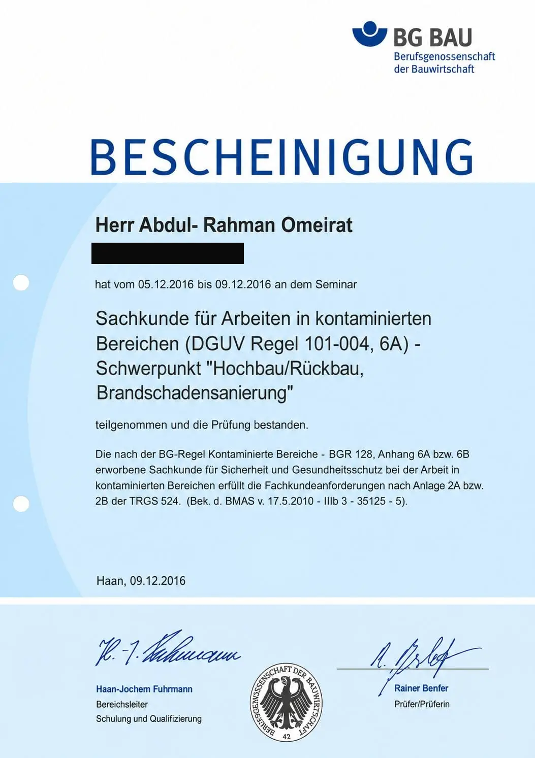 Sachkundenachweis für Arbeiten in kontaminierten Bereichen (DGUV 101-004, TRGS 524) – BG BAU