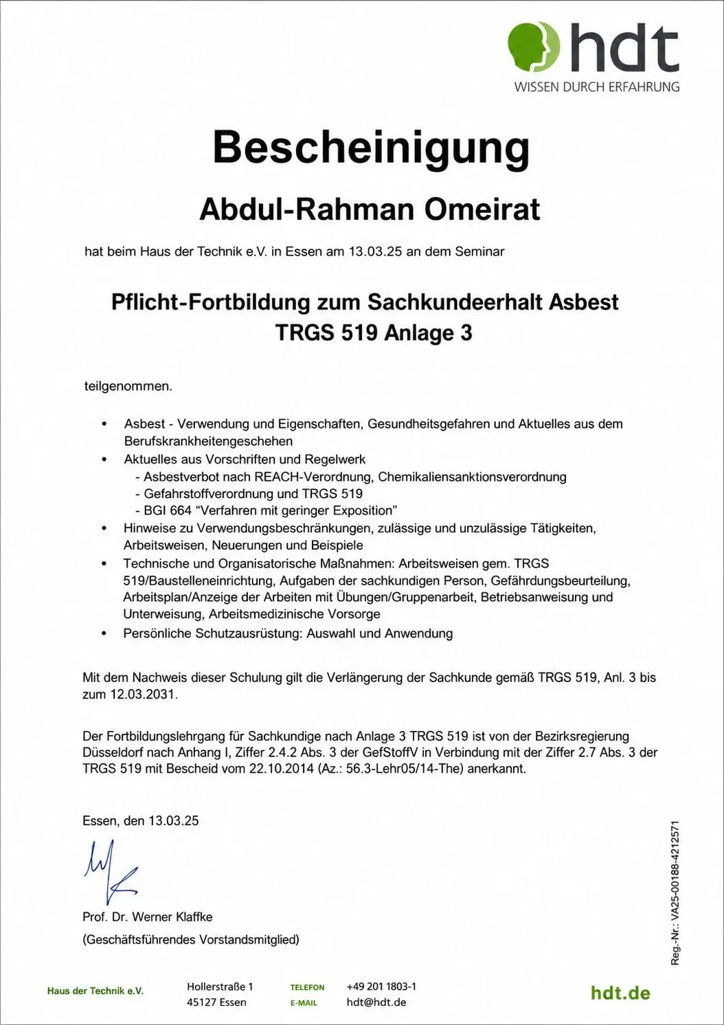 Bescheinigung Pflicht-Fortbildung Sachkundeerhalt Asbest TRGS 519 Anlage 3, gültig bis 2031