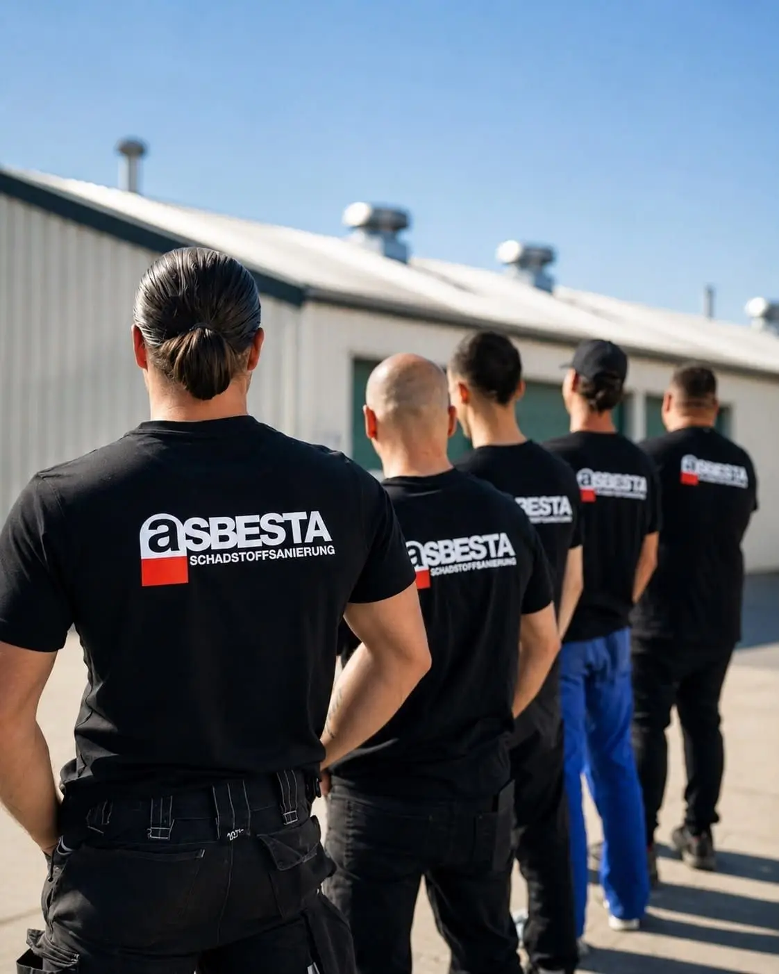 Das Team von Asbesta in Firmenkleidung mit ASBESTA-Logo auf dem Weg zum Einsatz vor der Betriebshalle